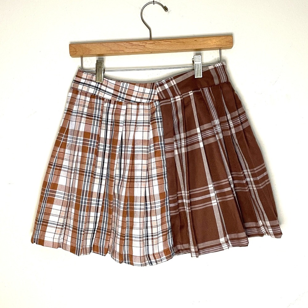 Vintage y2K Rue21 Brown White Plaid Pleated Mini Skirt Small Grunge Schoolgirl